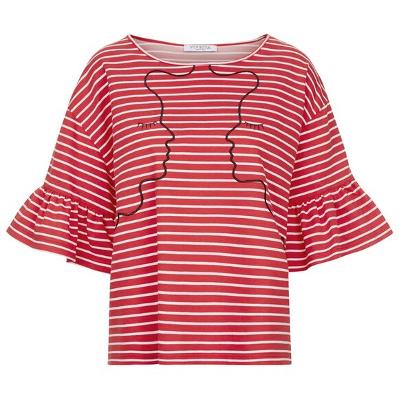 Vivetta Red Stripe Face Embroidery Ruffle Sleeve Tee Top | Made in Italy Size 38 - Picture 1 of 10